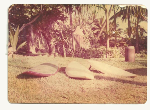 Early 1973, Punaluu, Oahu, Hawaii. Lived in the grass shack in the background, and these were the first boards I rode the north shore with.